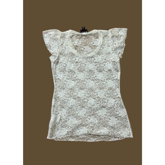 HOT TEMPERED IVORY FLORAL STRETCHY SHORT SLEEVED SHEER COVER UP BLOUSE TOP M - Picture 4 of 4